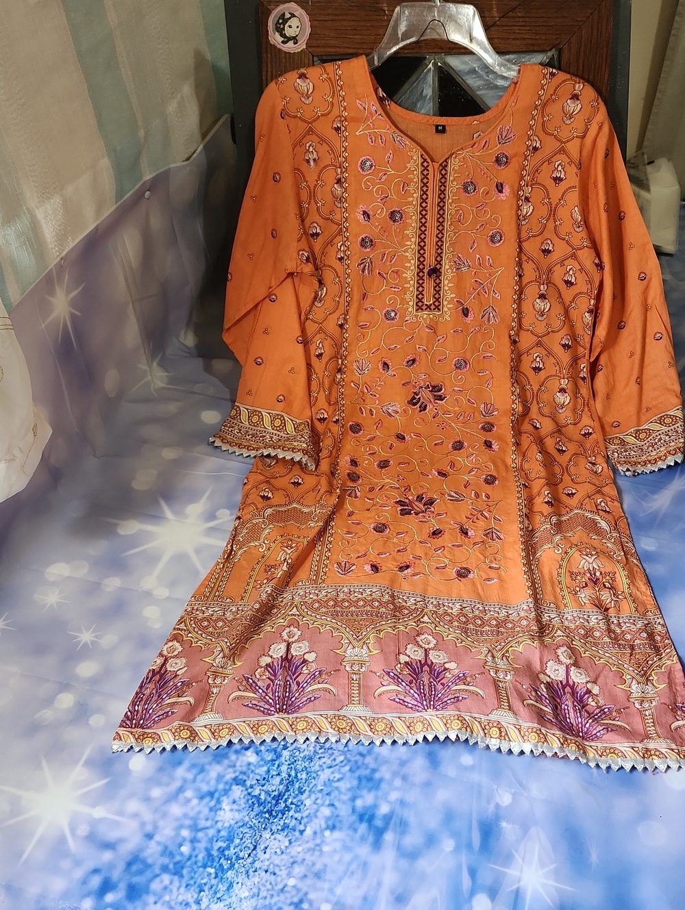 Orange Embroidered Long Sleeve Kurta - Women